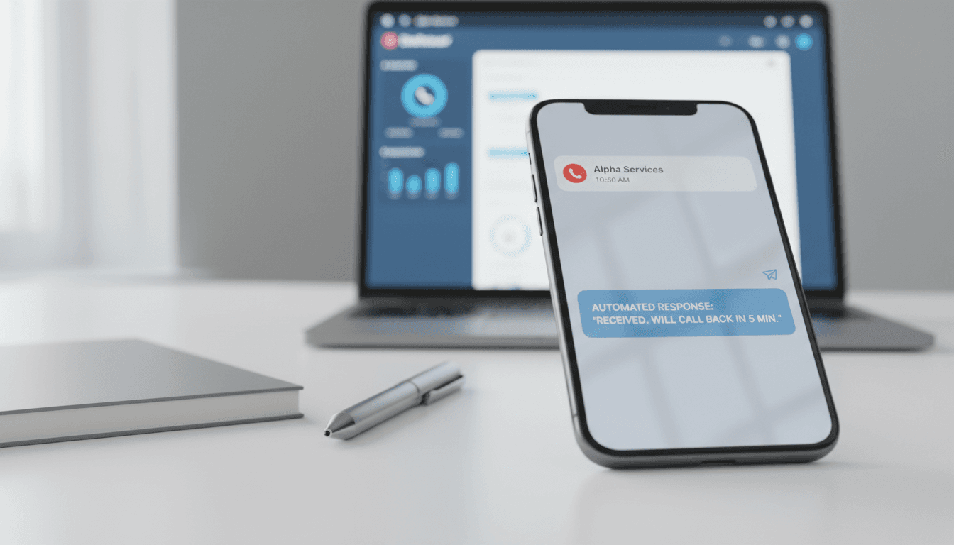 Mobile phone showing automated missed call recovery notification on desk