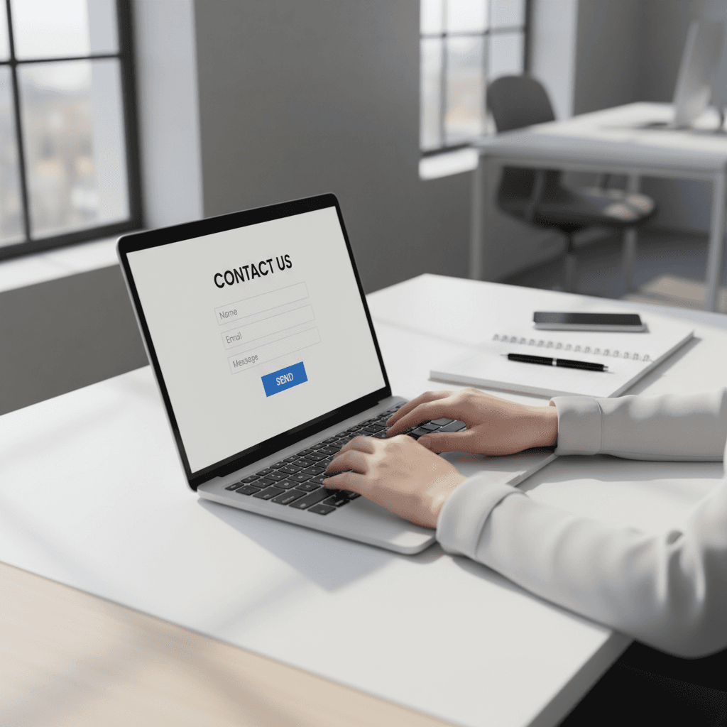 Professional's hands typing on laptop keyboard displaying user-friendly contact form on screen in bright, minimalist workspace